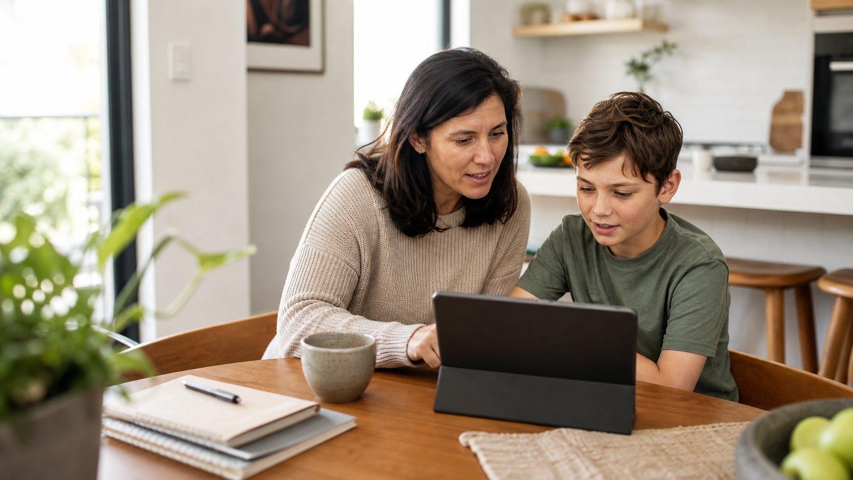Parent and child reviewing a tablet together at home